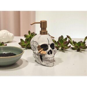 New White Skull W/ Gold Butterflies Halloween Soap Dispenser Spooky Decoration